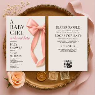 Allt i ett rosa babyflicka med rosett baby shower inbjudningar