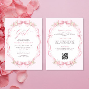 Allt i ett rosa kokett med rosett Blommig babyfest Inbjudningar