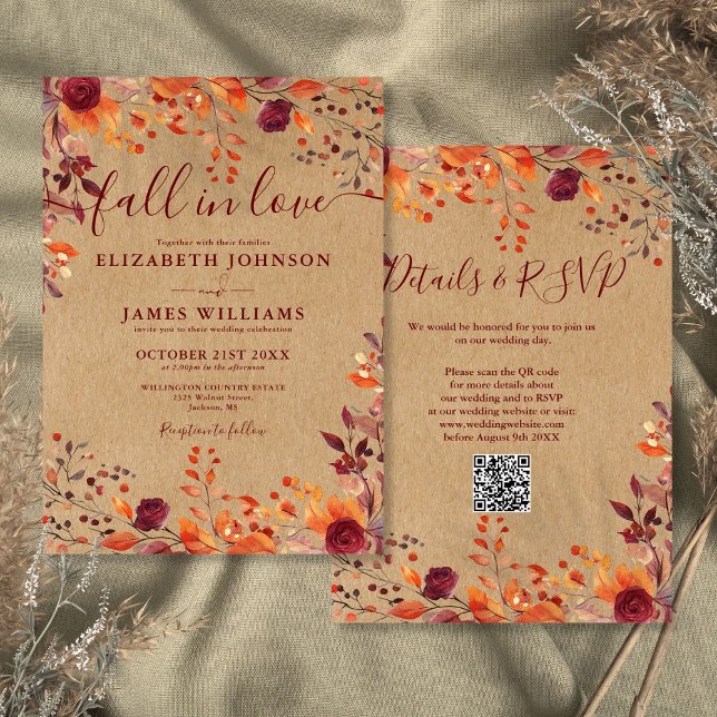 Allt i ett Rustik Höst Förälskad QR-kod Bröllop Inbjudningar (All In One Rustic Fall In Love QR Code Wedding Invitation)