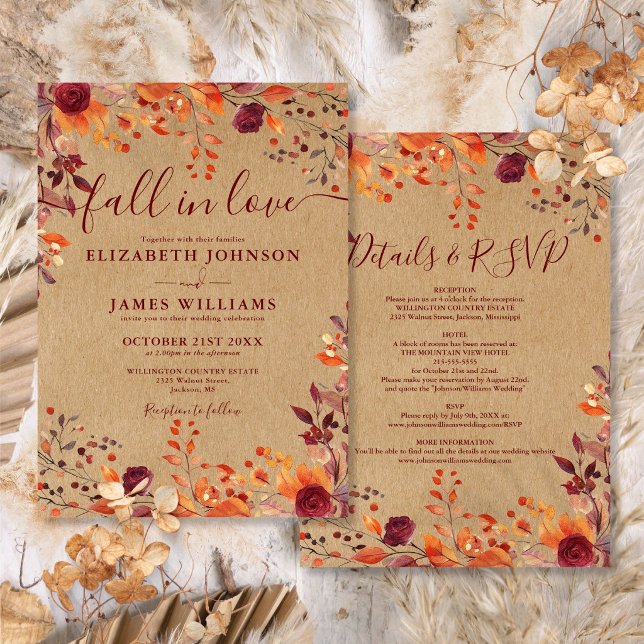Allt i ett rustikt höst kärlek blommig bröllop inbjudningar (All In One Rustic Fall In Love Floral Wedding Invitation)