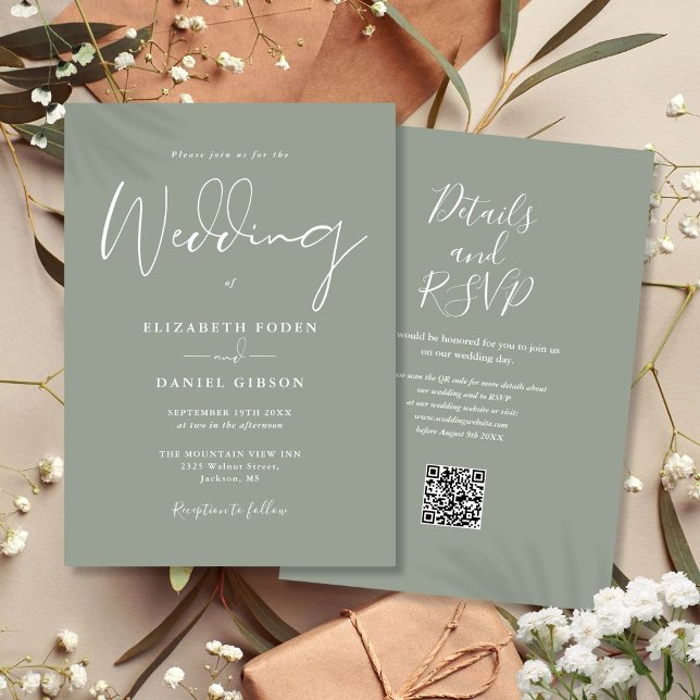 Allt i ett Sage Green QR-kod Bröllop Inbjudningar (All In One Sage Green QR Code Wedding Invitation)