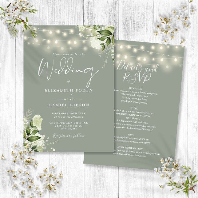 Allt i ett Salvia Gröna Strängljus Blommig Bröllop Inbjudningar (All In One Sage Green String Lights Floral Wedding Invitation)