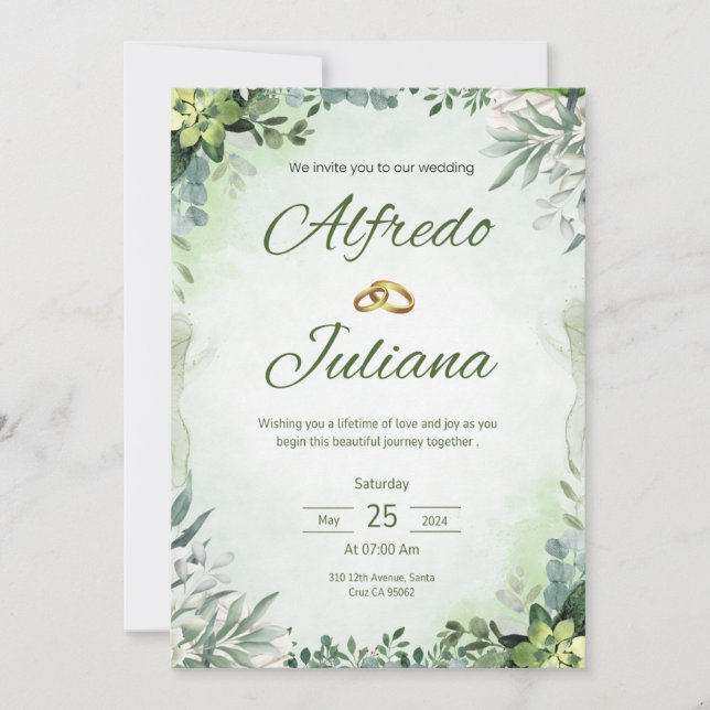 Allt i ett salviagrönt franskt blommande bröllopsi inbjudningar (Framsida)
