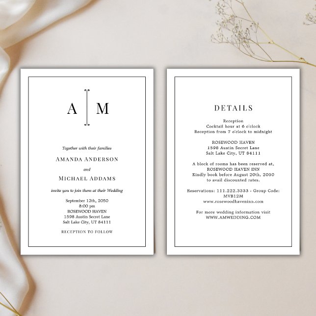 Allt-i-ett svart vit monogram minimal bröllop inbjudningar (Skapare uppladdad)