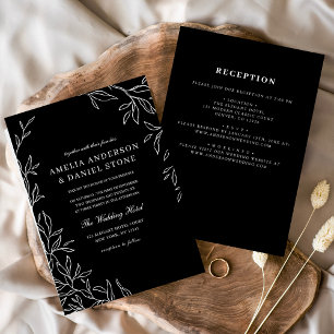 Allt i ett svart & vitt minimalistiskt blad bröllo inbjudningar