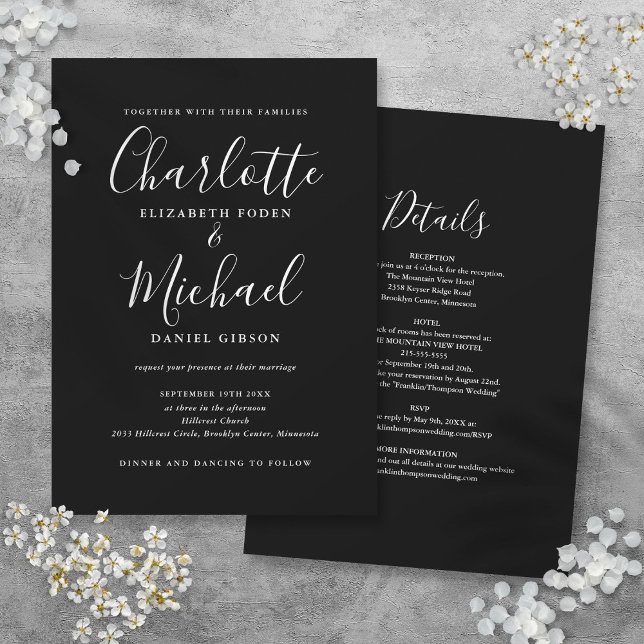 Allt i ett svartvitt minimalistiskt Bröllop Inbjudningar (All In One Black And White Minimalist Wedding Invitation)