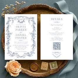 Allt i ett Victorian Dusty Blue Bröllop Monogram Inbjudningar