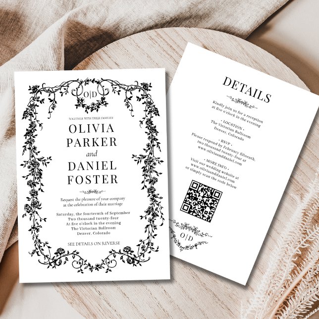 Allt i ett viktorianskt svart bröllopsmonogram inbjudningar (Skapare uppladdad)
