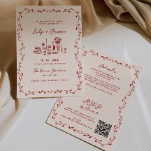 Allt i ett vinrött handritat QR-kod bröllop