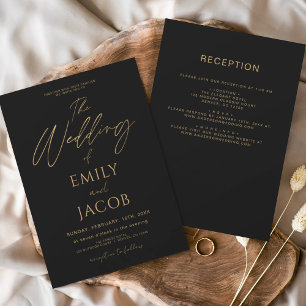 Allt i One Black Guld Bröllop Elegant Script Inbjudningar