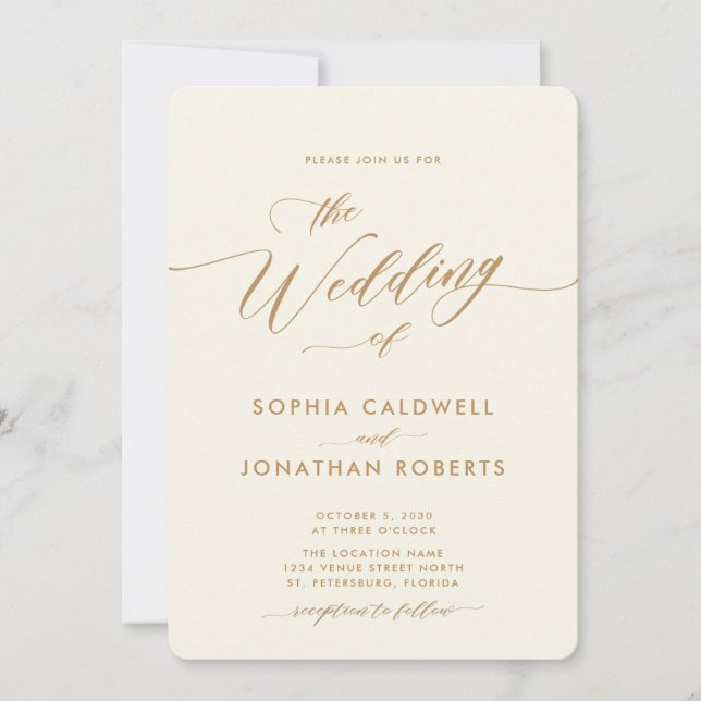 Allt i One Guld och Cream Calligraphy Bröllop Inbjudningar (Framsida)