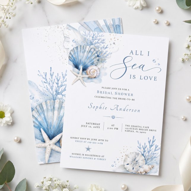 Allt jag ser är kärlek Bröllopsdusch Blått akvarel Inbjudningar (All I Sea Is Love Bridal Shower Blue Watercolor Invitation)