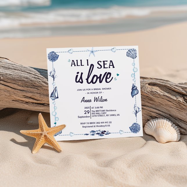 Allt jag ser är kärlek Bröllopsdusch Vattenfärg Sn Inbjudningar (All I Sea Is Love summer coastal ocean  beach seashell nautical  bridal shower for her)