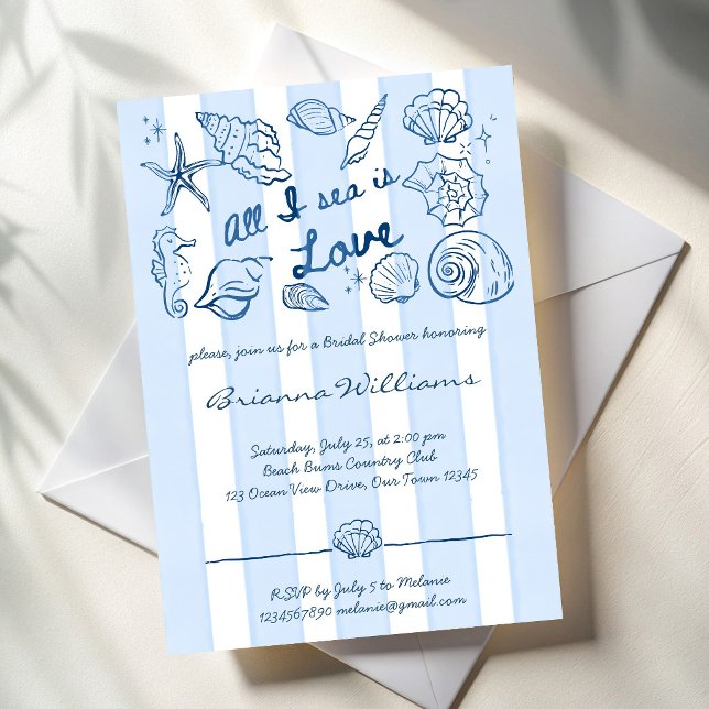 Allt jag ser är kärlek snigelskal bröllopsdusch inbjudningar (All I sea is love hand drawn seashells blue stripes seaside beach bridal shower Invitation cards)
