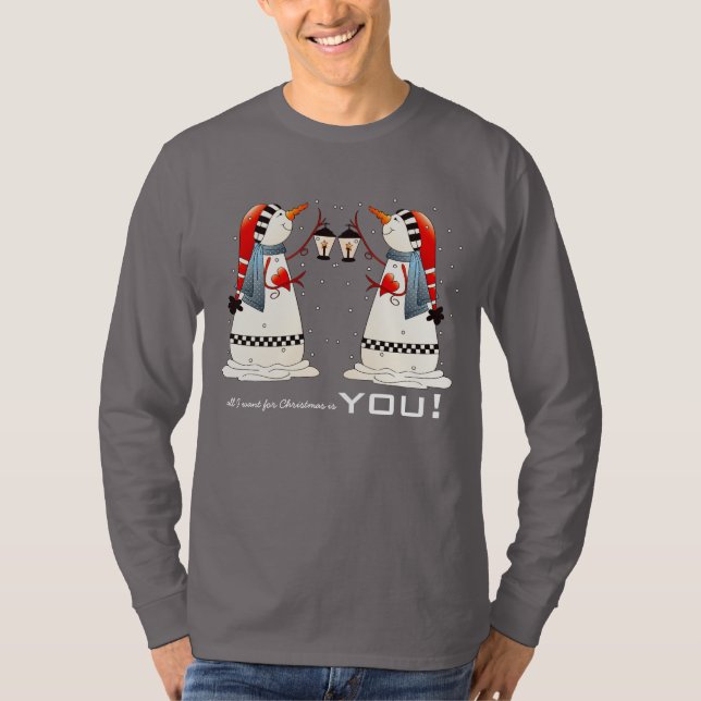 Allt jag vill ha till jul är du. Snögubbe par T Shirt (Framsida)