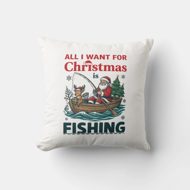Allt julen önskar är fiskande tomte ren båt kudde (Framsida)