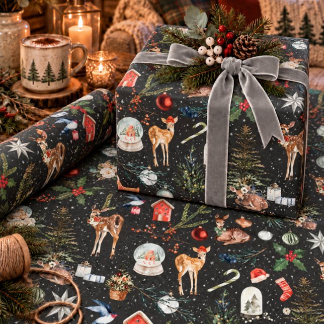Allt julrenar Holly Stjärnor Svart Presentpapper (Skapare uppladdad)