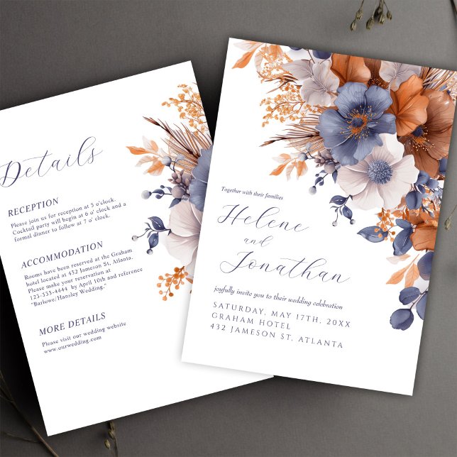 Allt på en Blommigt Elegant, Dusty Blue Rust Bröll Inbjudningar (All In One Floral Elegant Dusty Blue Rust Wedding Invitation)
