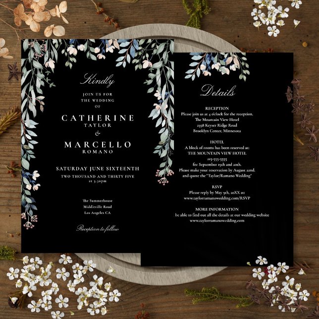 Allt på en Blommigt, svart och vit Bröllop Inbjudningar (All In One Floral Black And White Wedding Invitation)