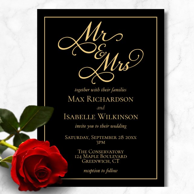 Allt på en Elegant Black och Guld Bröllop Inbjudningar (Chic elegant all in one black and gold wedding invitation, mr and mrs, script calligraphy typography)
