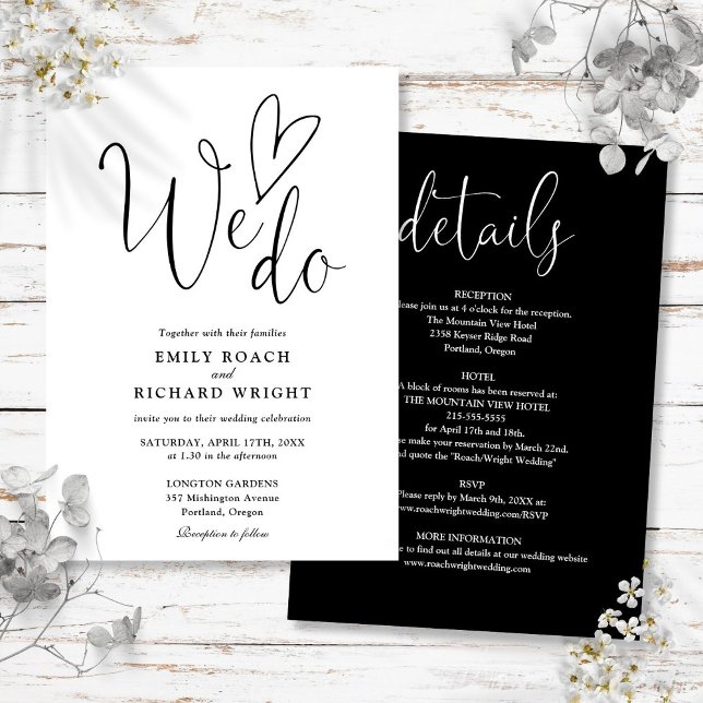 Allt på en gång hjärtar vi svart och vit Bröllop Inbjudningar (All In One To We Do Heart Black And White Wedding Invitation)