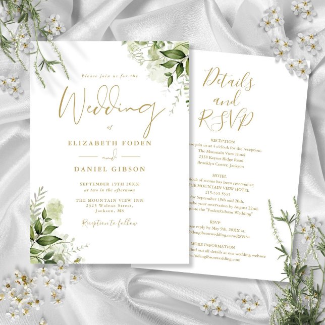 Allt på en Guld i Blommigt Bröllop Inbjudningar (All In One Gold Greenery Floral Wedding Invitation)