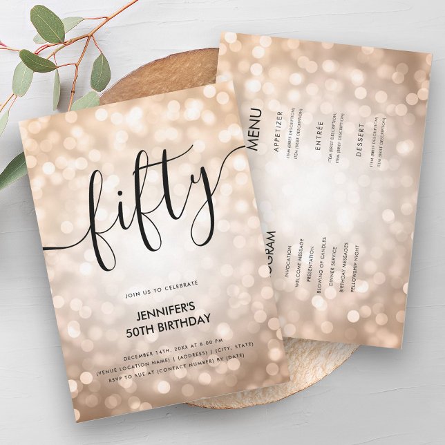 Allt på en Ro Glitter Ljus 50-dagars födelsedag i  Inbjudningar (All In One Rose Gold Glitter Lights 50 Birthday Invitation)