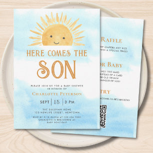 Allt på ett här kommer sonen baby shower inbjudningar