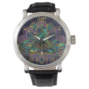 Allt seende Mystic öga i lotusblommablomma Armbandsur