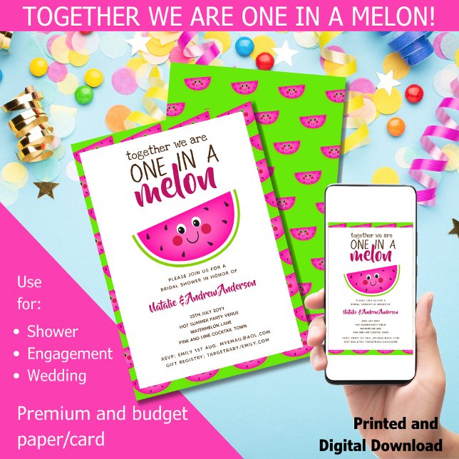 Allt var uppklarat! Funny Summer Melon Möhippa Inbjudningar (Together we are one in a melon! For: Shower 
Engagement 
Wedding. Funny Watermelon Bridal Shower)