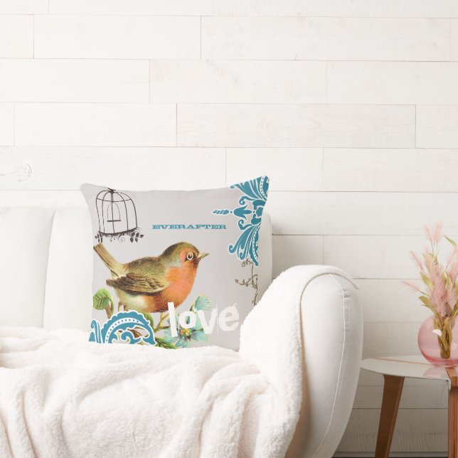 Alltid Brud Teal Korallgrå Söt Fågel Fågelbur Kudde (Soffa)