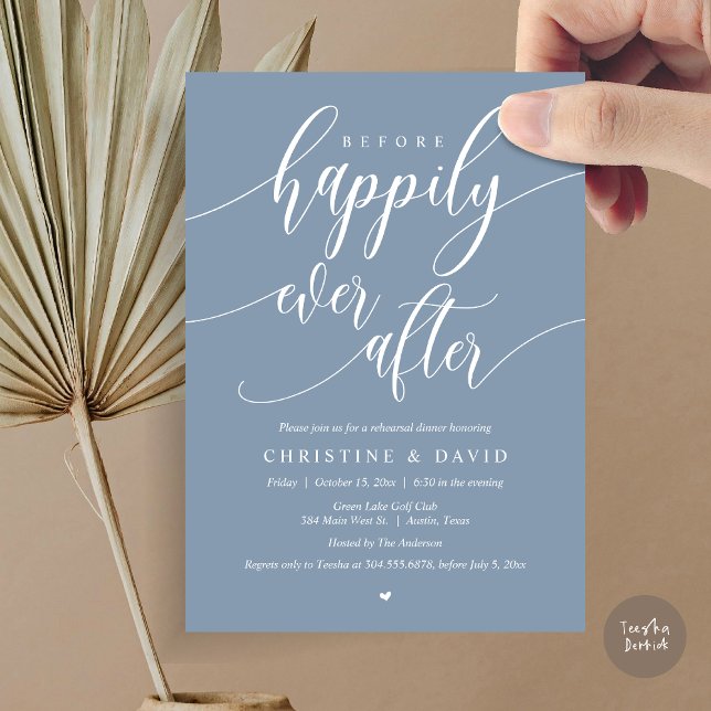 Alltid efter Bröllop Rehearsal Middag Inbjudningar (Before Happily Ever After, Modern Wedding Rehearsal Dinner Invitation Card, PDF, in Dusty Blue)