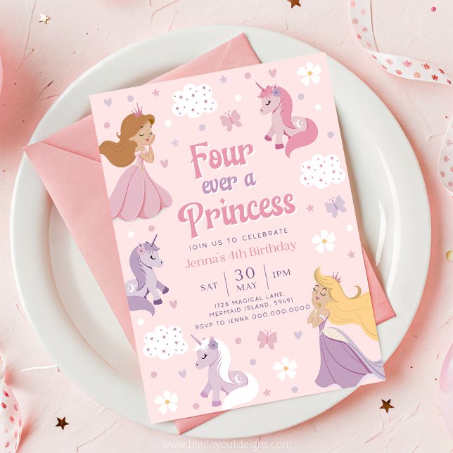 Alltid en prinsessa-inbjudan. För alltid en prinse Inbjudningar (Princess and Unicorn Pink 4th Birthday Invitation)