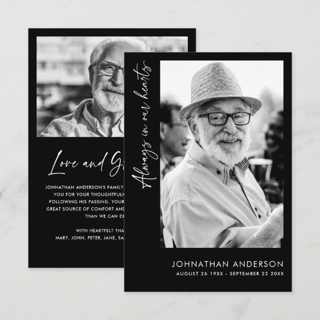 Alltid i våra hjärtan 2-foto-begravning/minnesstun tack kort (Fram/baksida)