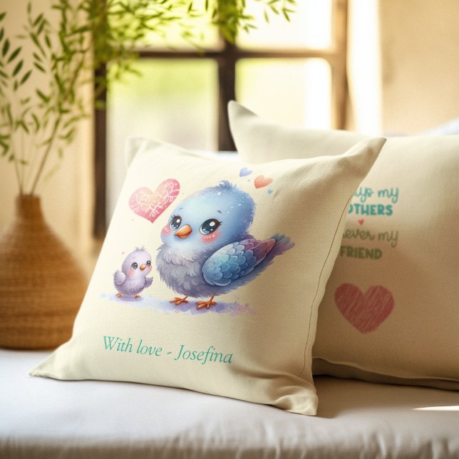Alltid min Mor - Bird Morsa & Baby Gult Kudde (Always my Mother - Bird Mum & Baby Yellow Throw Pillow)