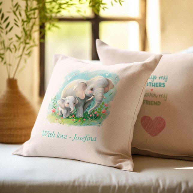Alltid min Mor - elefanten Morsa & Baby Rosa Kudde (Always my Mother - Elephant Mum & Baby Pink Throw Pillow)