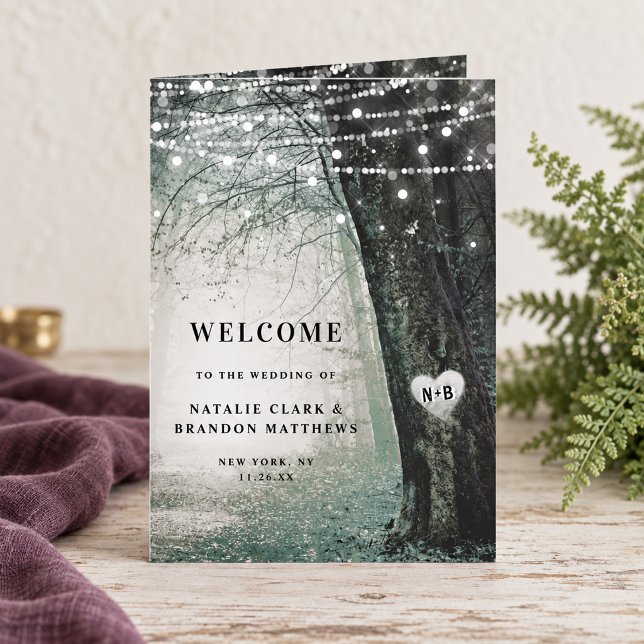 Alltidmer | Förtrollad Sagoskog Bröllopsceremoni Program (Moss Evermore enchanted forest folded wedding ceremony program with personalized cover. Styling props are not included.)