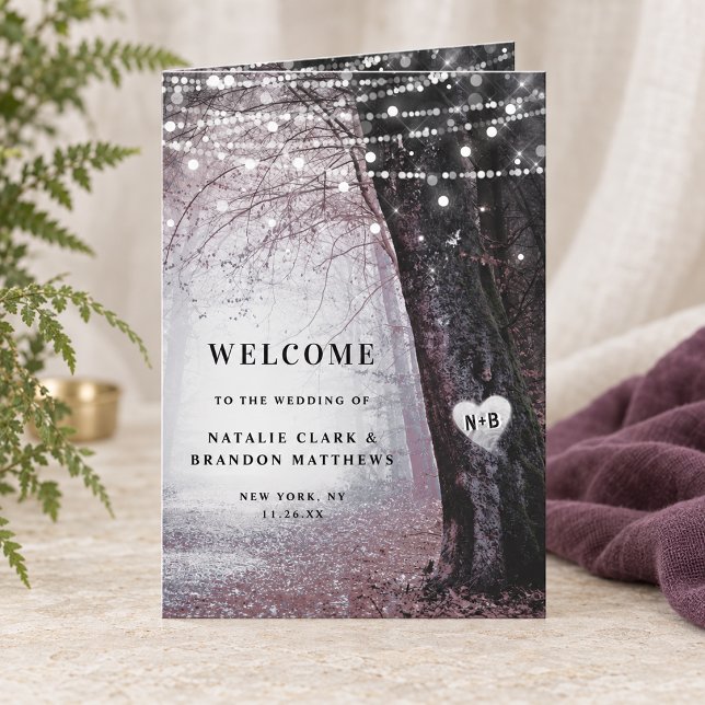 Alltidmer | Förtrollad Sagoskog Bröllopsceremoni Program (Mauve Evermore enchanted forest folded wedding ceremony program with personalized cover. Styling props are not included.)