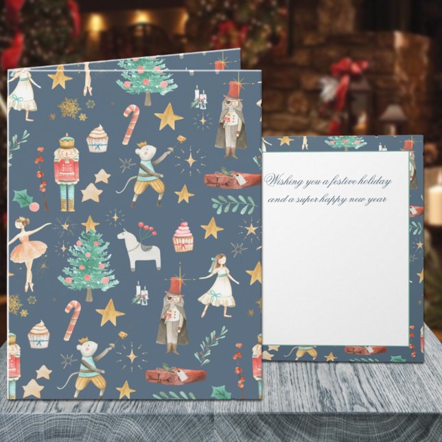 Allting Nutcracker-julblått Helgkort (Everything Nutcracker Christmas Dusk Blue Holiday Wraparound Graphics Folded Card)