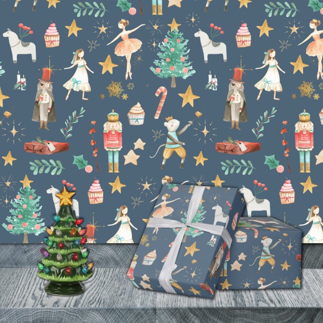 Allting Nutcracker-julblått Presentpapper (Everything Nutcracker Christmas Dusk Blue Holiday Gift Wrapping Paper Rolls. Available in 6 colours.)