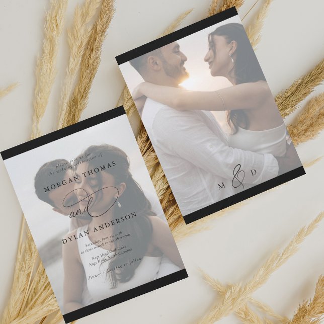 Allure Calligraphy Photo Black & White Bröllop Inbjudningar (Skapare uppladdad)