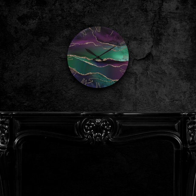 Alluring Agate | Mörk Jewel Tone Stone Guld Veins Rund Klocka (Skapare uppladdad)