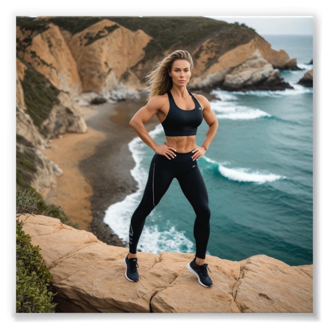 Alluring Fitness Girl Posing in Lycra on Cliff Fototryck (Framsidan)