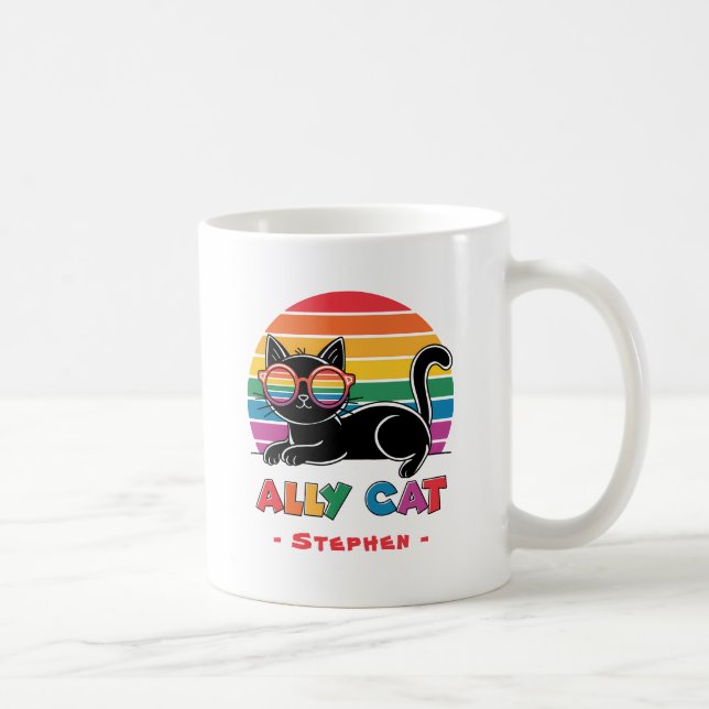 Ally Cat - Black Cat med Rainbow Sunglasses LGBTQ Kaffemugg (Höger)
