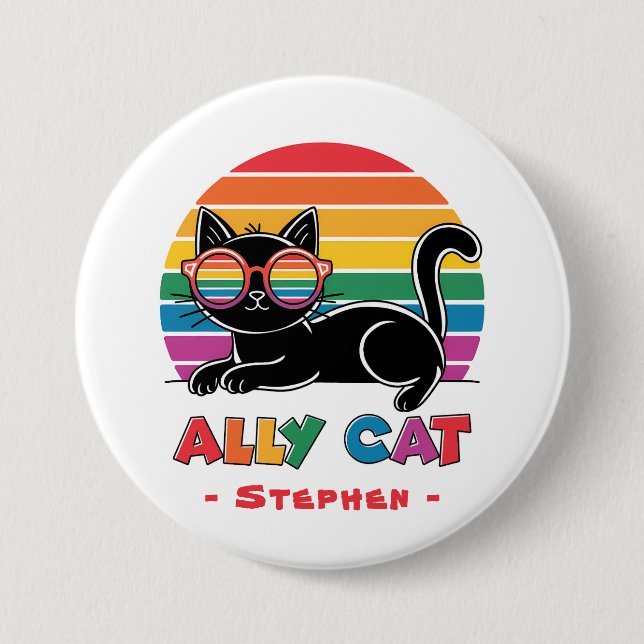 Ally Cat - Black Cat med Rainbow Sunglasses LGBTQ Knapp (Framsida)