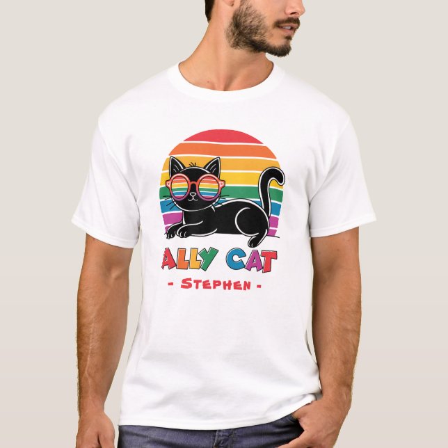 Ally Cat - Black Cat med Rainbow Sunglasses LGBTQ T Shirt (Framsida)