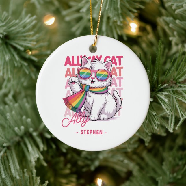 Ally Cat - Cute White Cat LGBTQ-Pride Julgransprydnad Keramik (Träd)