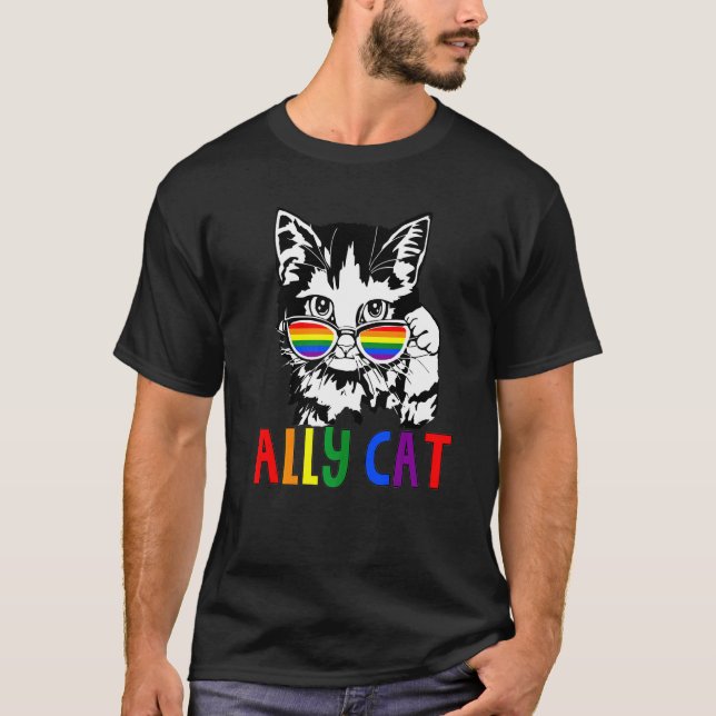 Ally Cat Lgbt Flagga Ally Rainbow Manar Wom T Shirt (Framsida)