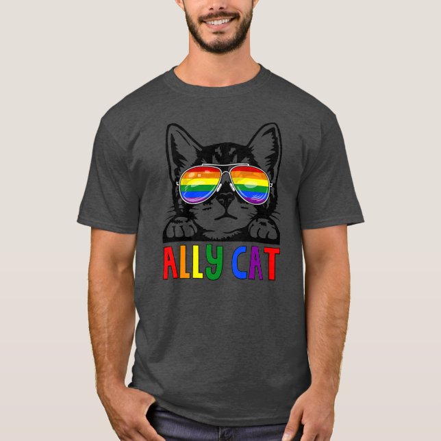 Ally Cat LGBT Gay Rainbow Pride Flag Boys Men T Shirt (Framsida)