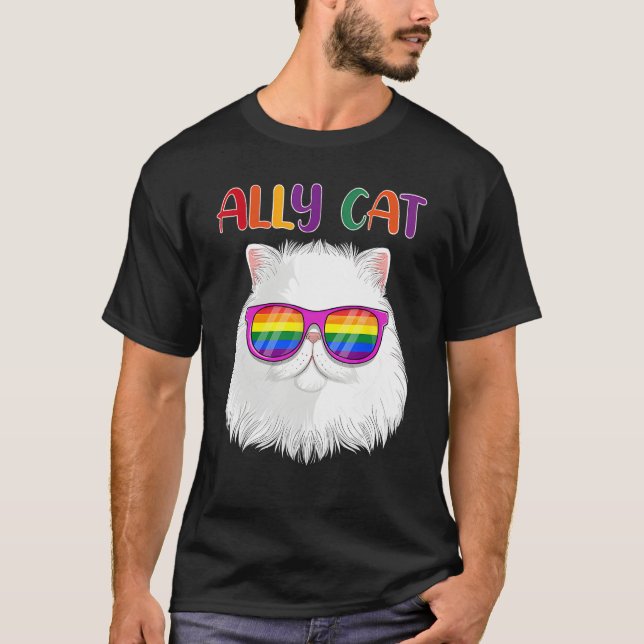 Ally Cat LGBT Gay Rainbow Pride Flag  Cat  3 T Shirt (Framsida)